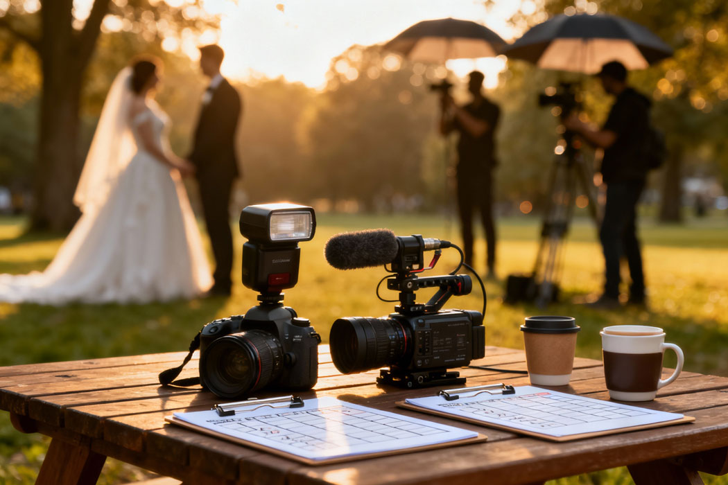 Pe masa, langa aparatul foto profesional, echipament profesional videograf nunta, utilizat pentru filmari cinematografice (camera video, microfon extern si trepied)