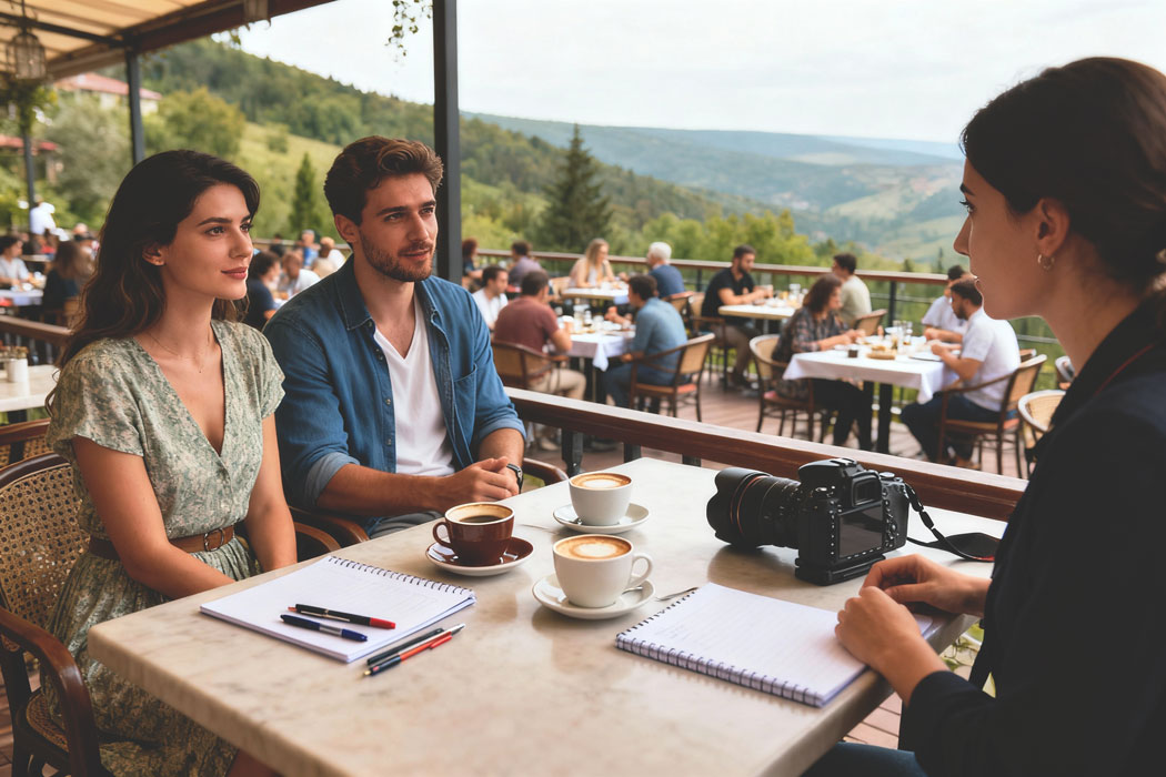 Cuplu discuta cu fotograf de nunta sau botez in timpul unei intalniri de planificare pe o terasa cu priveliste panoramica. Echipament foto profesional pe masa.