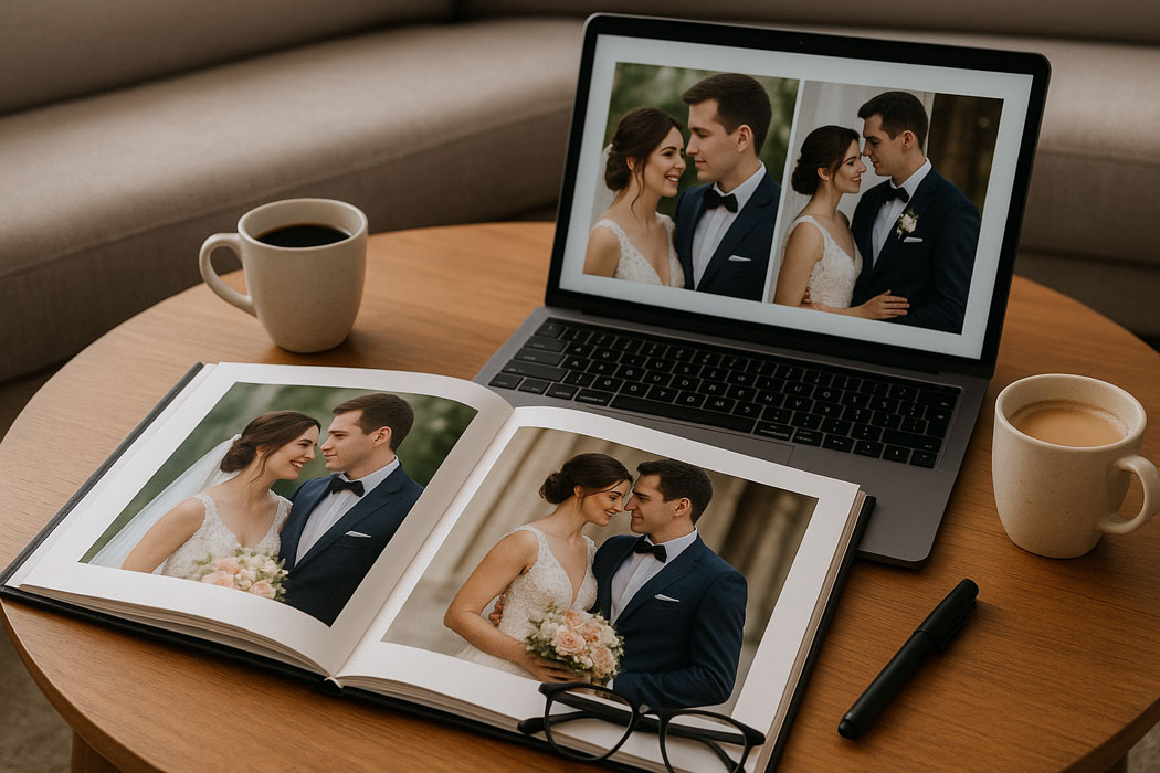 Album foto de nunta langa un laptop, cu fotografiile de la nunta