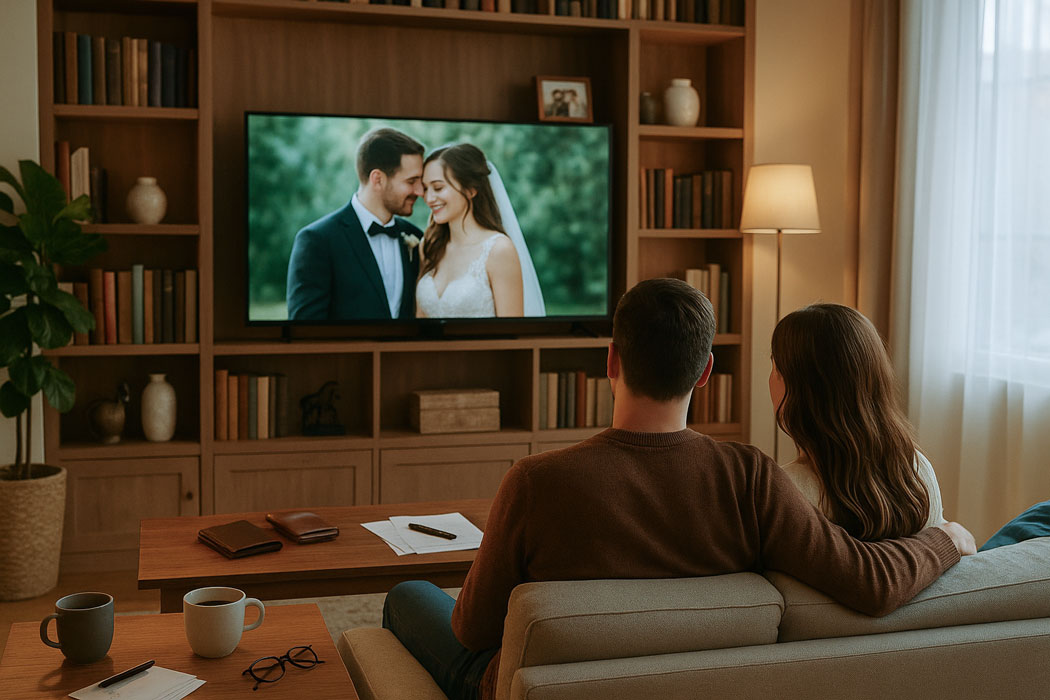 Sotul si sotia se uita la fotografiile realizate de Fotograf Nunta Bucuresti, acasa, pe TV cu ecran mare.