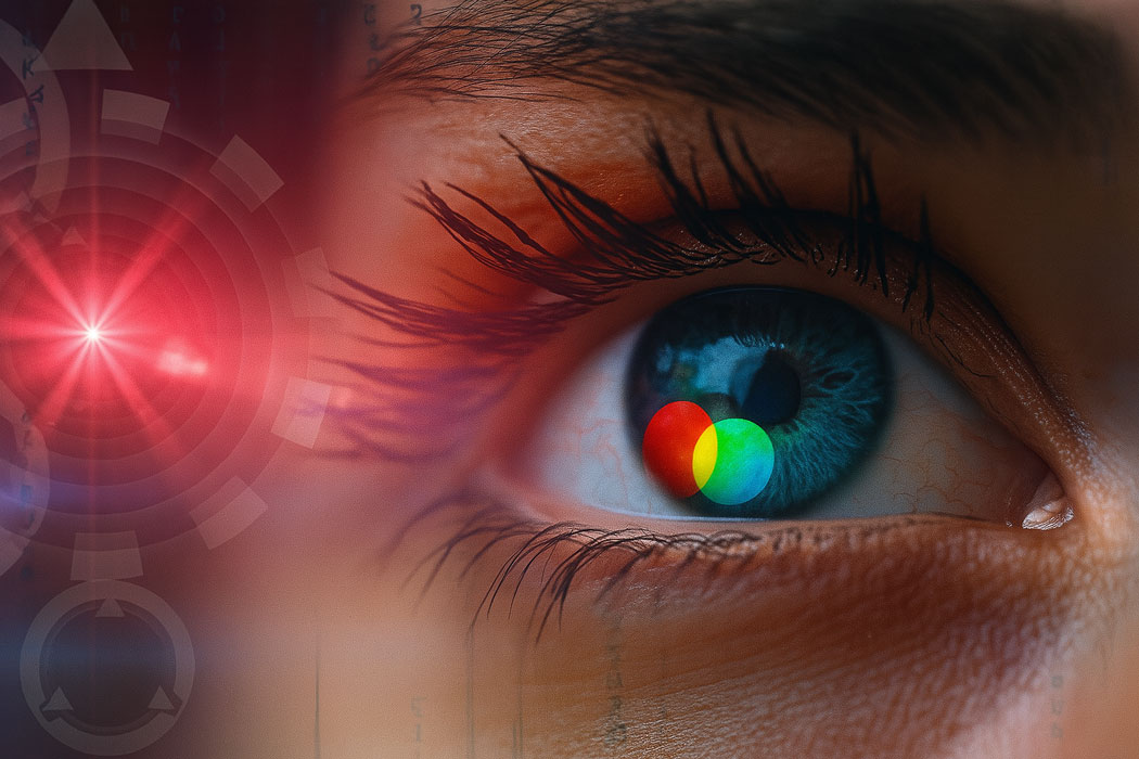 Imagine generata AI, close-up ochi uman cu reflexie RGB si elemente digitale ce sugereaza procesul de corectie a culorii in fotografie.