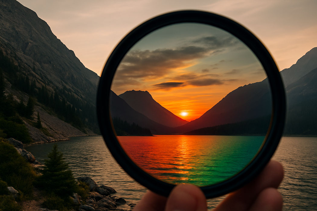 peisaj montan la apus vazut printr-un filtru foto circular care modifica perceptia culorilor pe lac si cer, fotografie generata AI