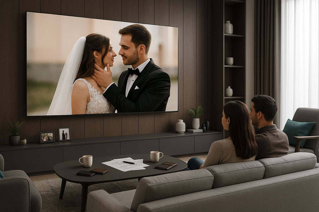 cuplu vizioneaza filmul nuntii realizat de videograf nunta bucuresti, pe televizor 4K intr-un living modern