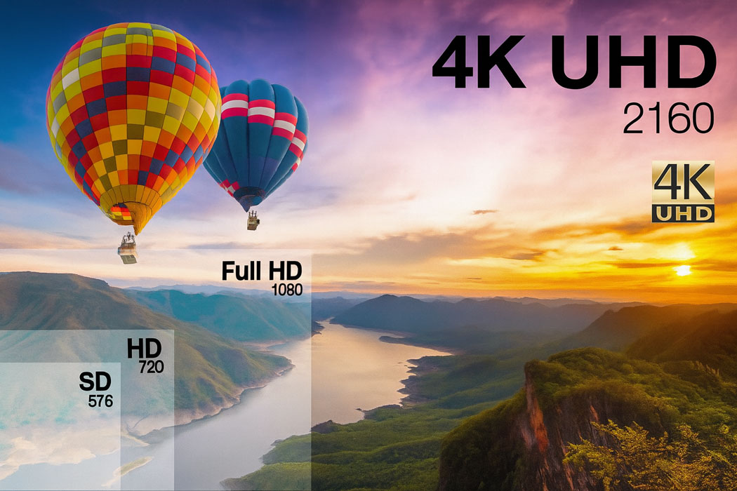 comparatie rezolutie video SD HD Full HD si 4K UHD cu baloane cu aer cald pentru videografia de nunta sau botez