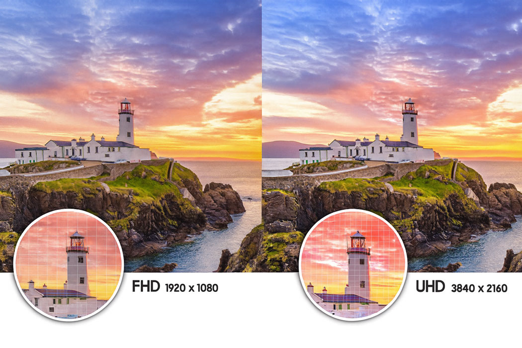 omparatie vizuala contrast claritate intre Full HD si UHD cu peisaj marin si far comparatie pentru videografia de nunta si botez